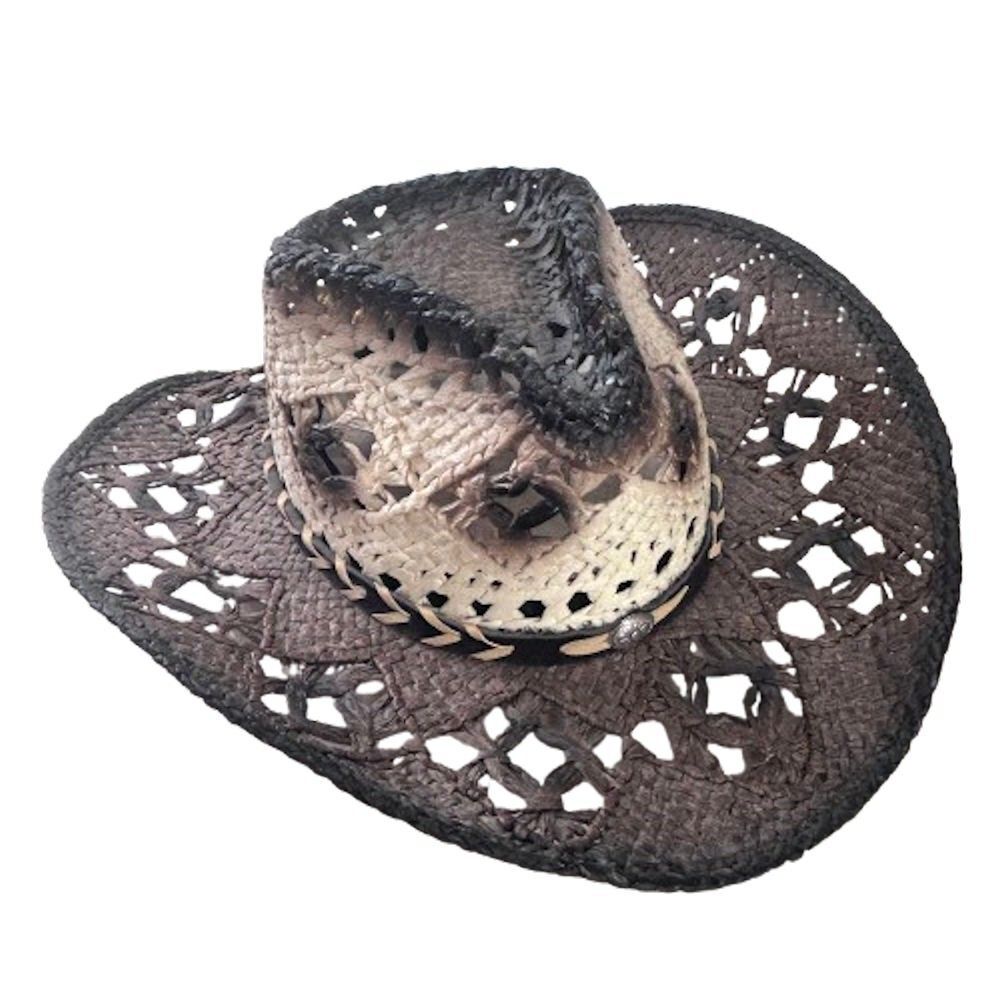 Woven Cowboy Cowgirl Hat S/M Brown White Leather Band Concho Unisex - Picture 7 of 10